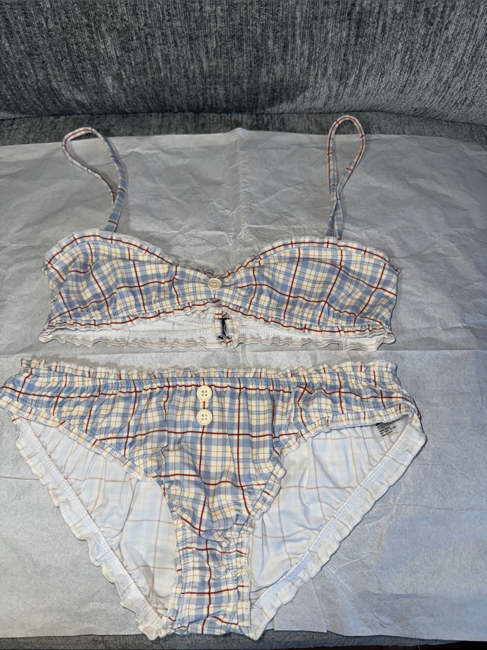 Plaid Ruffle Bikini Set in Light Blue and Cream